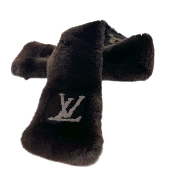 LOUIS VUITTON Vintage LV Logo Muffler Scarf Brown Gray Rabbit Fur Wool [105045] - Picture 5 of 11